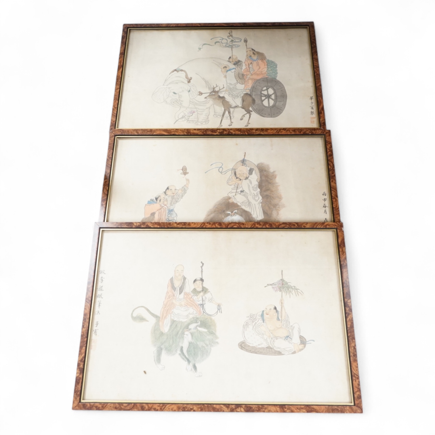 19th century, Chinese School, Figural and animal studies, three watercolours on printed bases, with character marks, 29 x 42cm
